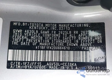 2013 Toyota Camry Se from USA, damaged, VIN 4T1BF1FK2DU664610